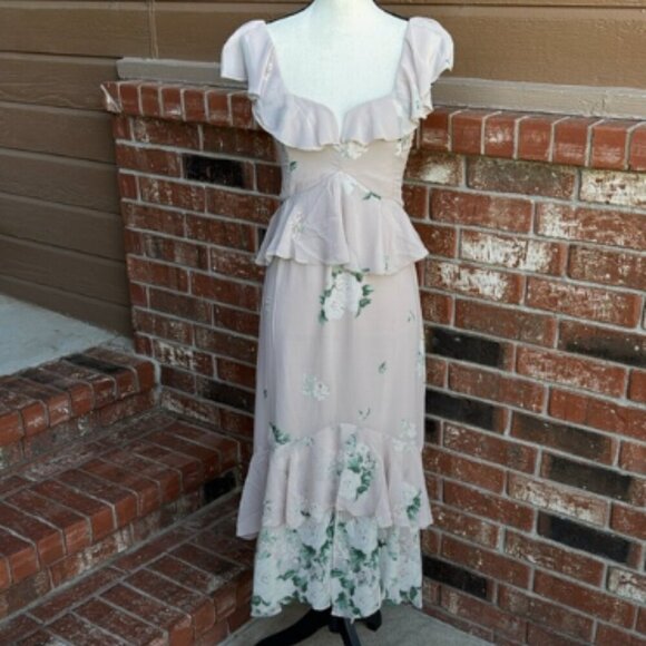 Show Me Your MuMu Reese Ruffle Chiffon Midi Dress Beige Floral Size Extra Small - Picture 1 of 10